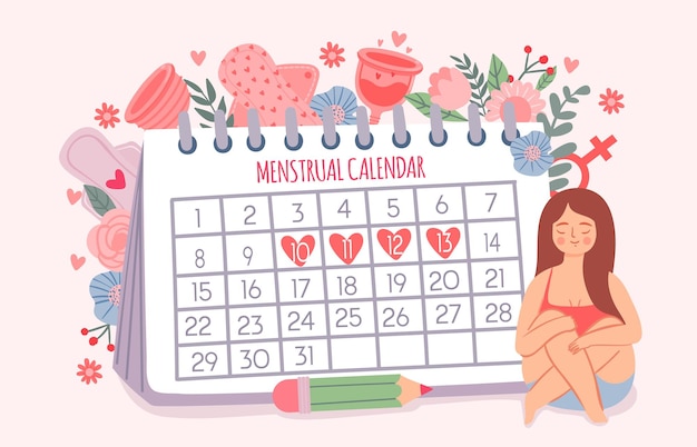 Calendário de mulher e período. mulheres verificar as datas do ciclo menstrual. programação de calendário para dias críticos e conceito de vetor de produtos de higiene. ilustração de calendário feminino menstruação