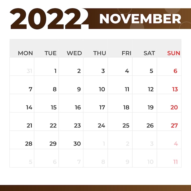 Vetor calendário de novembro de 2022