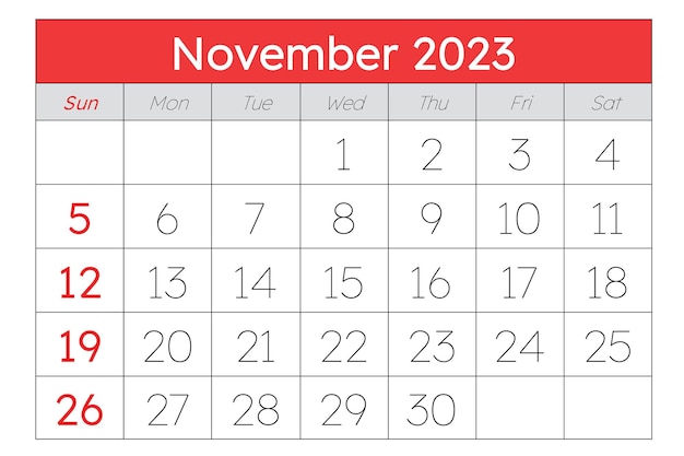 Calendário de novembro de 2023 planejamento mensal para os seus eventos empresariais ilustração vetorial