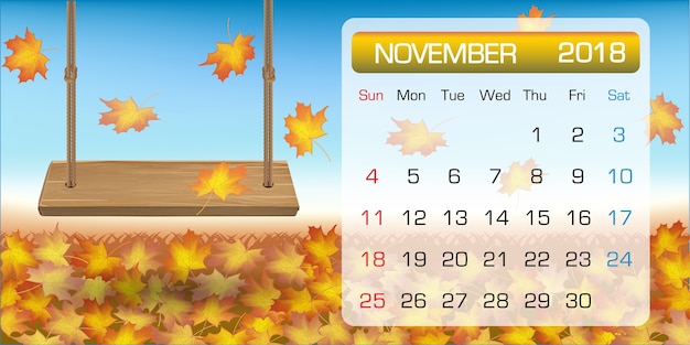 Calendário de novembro de amostra 2018 com balanço de folhas de outono