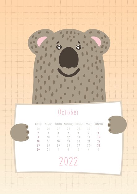 Calendário de outubro de 2022 lindo coala animal segurando uma folha de calendário mensal desenhada à mão estilo infantil