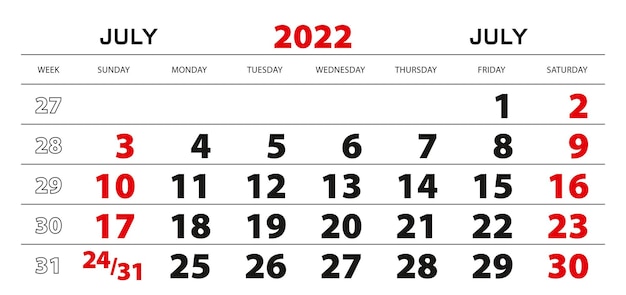 Calendário de parede 2022 para julho, semana a partir de domingo.