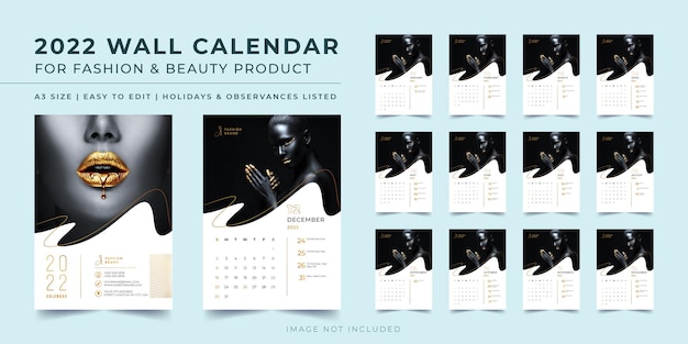 Vetor calendário de parede 2022 para produtos de moda e beleza