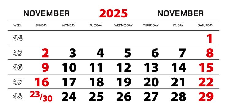 Vetor calendário de parede 2025 para a semana de novembro começa a partir do domingo