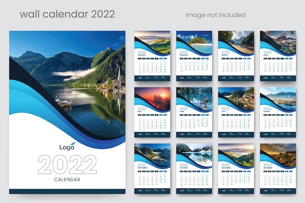 Calendário de parede azul criativo 2022 com página de capa