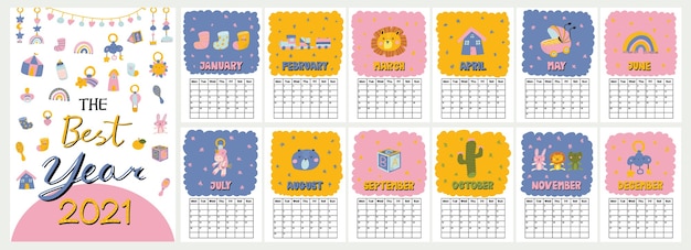 Calendário de parede bonito colorido com ilustração engraçada do chuveiro de bebê estilo escandinavo