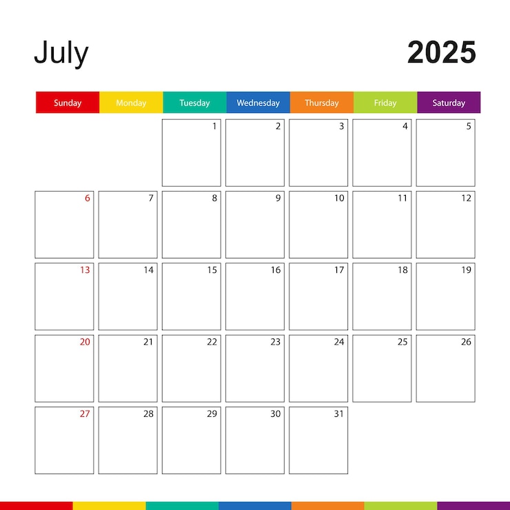 Vetor calendário de parede colorido de julho de 2025 a semana começa no domingo