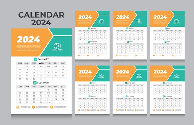 Calendário de parede vetorial 2024