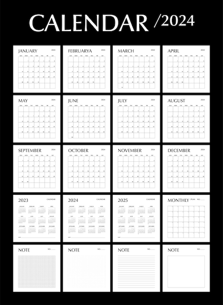 Calendário de planejamento de 2025: diário, semanário, mensal, planejador e nota de desenho mínimo