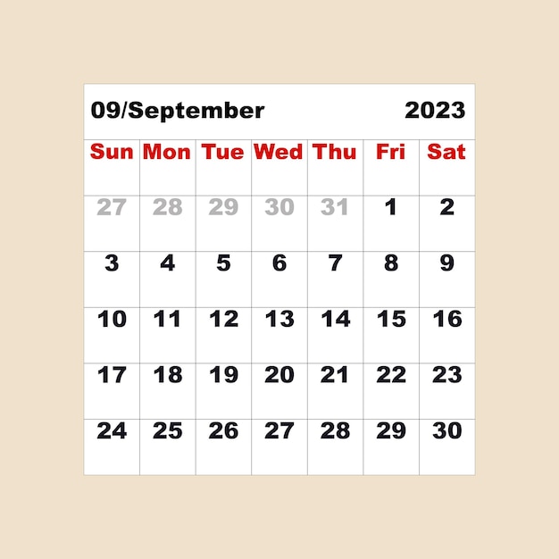 Vetor calendário de setembro de 2023 por um mês na forma de uma mesa para o organizador ou planejador vetor