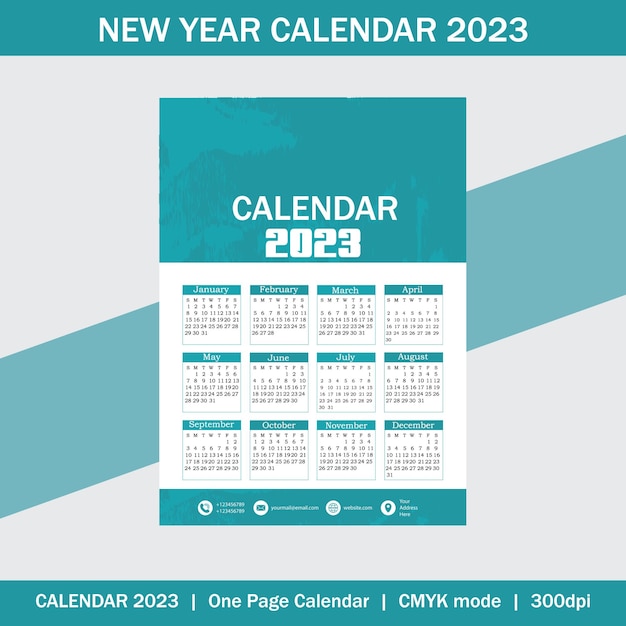 Calendário de uma página de ano novo 2023