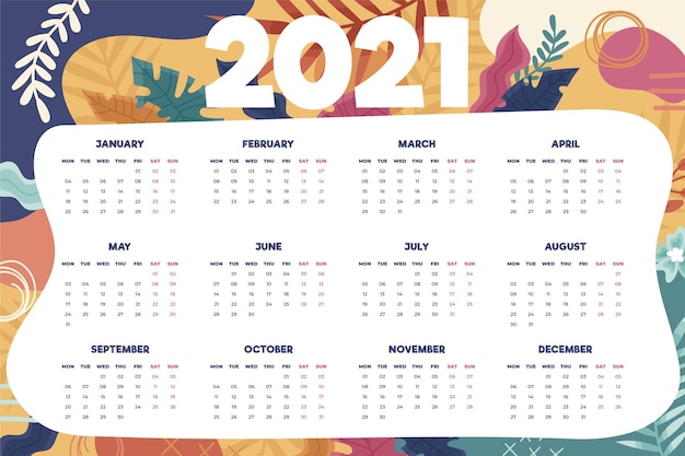 Vetor calendário desenhado à mão para o ano novo de 2021