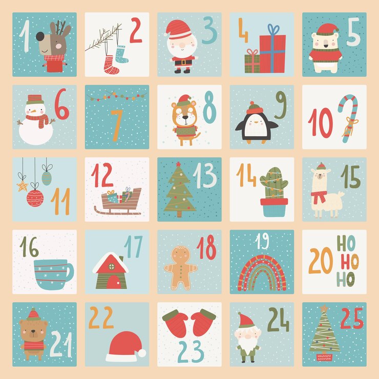 Vetor calendário do advento. cartaz de natal. estilo de sorteio de números de natal