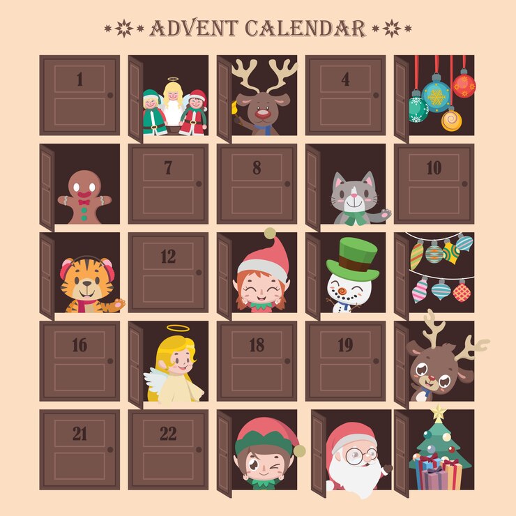 Vetor calendário do advento com surpresas divertidas