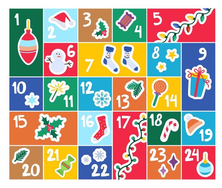 Vetor calendário do advento de natal com elementos desenhados à mão