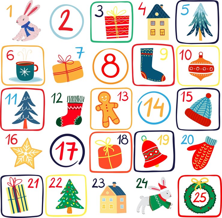 Vetor calendário do advento do vetor digital com itens isolados no fundo branco