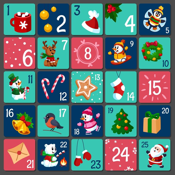 Vetor calendário do advento números de presentes bonitos janelas de cartão de férias natal crianças presentes criativos decoração de natal imprime contagem regressiva infantil dezembro jogo de vetor berrante