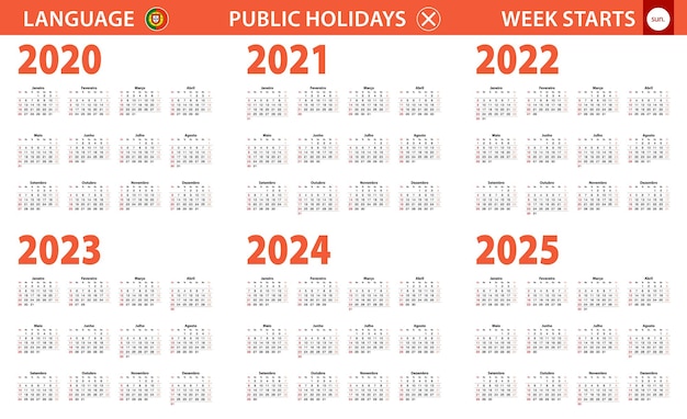 Calendário do ano 2020-2025 em língua portuguesa, semana começa no domingo.