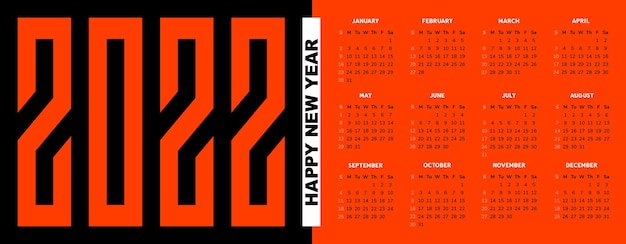 Calendário do ano 2022 em fundo laranja. Ano do tigre. Vetorial, ilustração