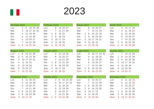 Calendário do ano 2023 em italiano com feriados na Itália