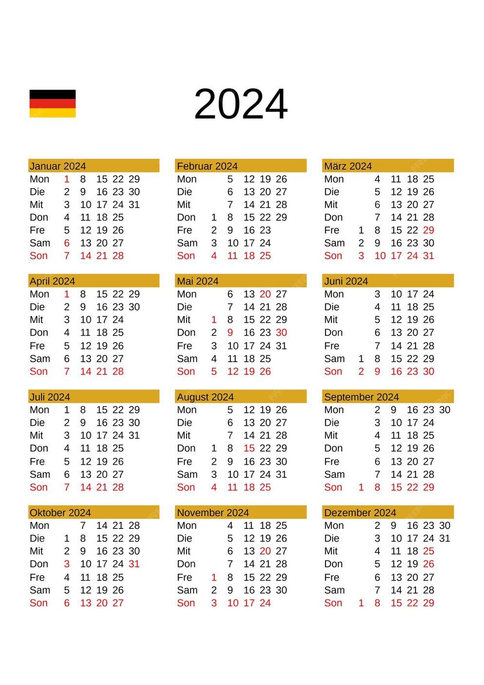 Calendário do ano 2024 em alemão com feriados na alemanha Vetor Premium