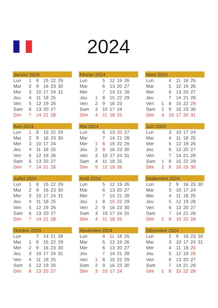 Calendário do ano 2024 em francês com feriados na França