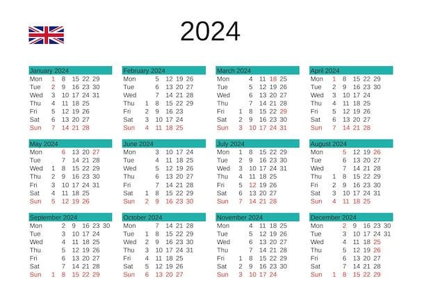 Calendário do ano 2024 em inglês com feriados no Reino Unido
