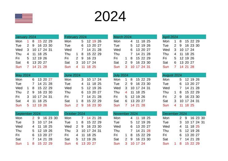Calendário do ano 2024 em inglês com feriados nos estados unidos