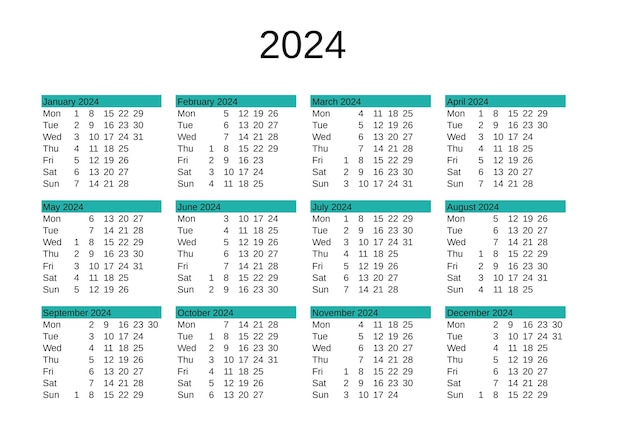 Calendário do ano 2024 em inglês