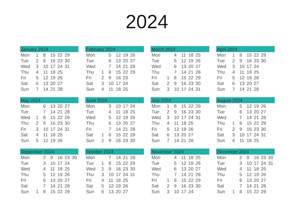 Calendário do ano 2024 em inglês