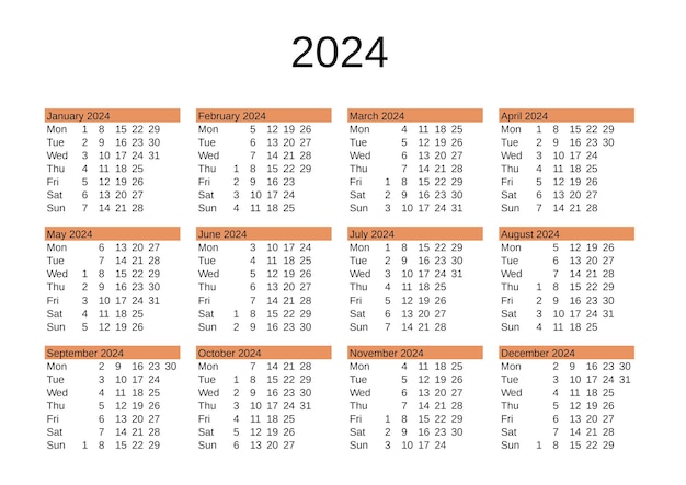 Calendário do ano 2024 em inglês
