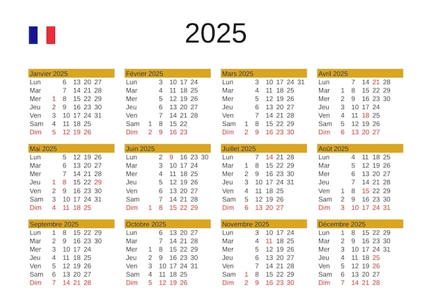 Calendário do ano 2025 em francês com feriados na França