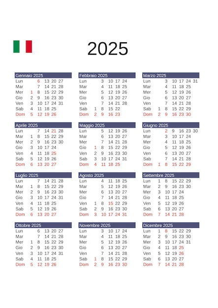 Calendário do ano 2025 em italiano com feriados na Itália