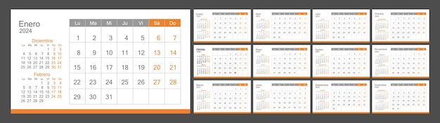 Vetor calendário em espanhol para 2024 mensalmente