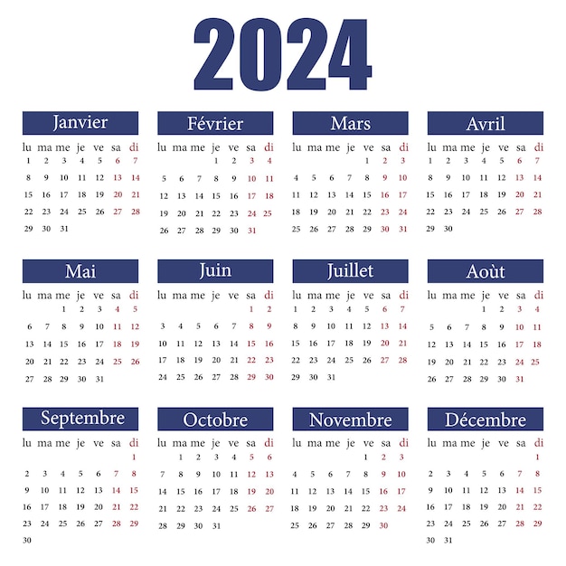 Vetor calendário em francês para 2024 a semana começa na segunda-feira ilustração vetorial