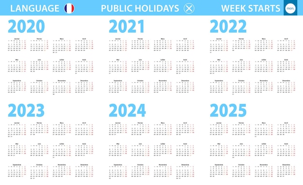 Calendário em francês para o ano 2020, 2021, 2022, 2023, 2024, 2025. a semana começa na segunda-feira.