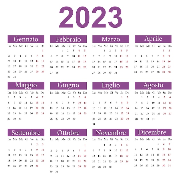 Vetor calendário em italiano para 2023 a semana começa na segunda-feira ilustração vetorial