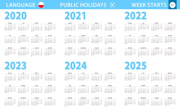 Calendário em polonês para o ano 2020, 2021, 2022, 2023, 2024, 2025. a semana começa na segunda-feira.