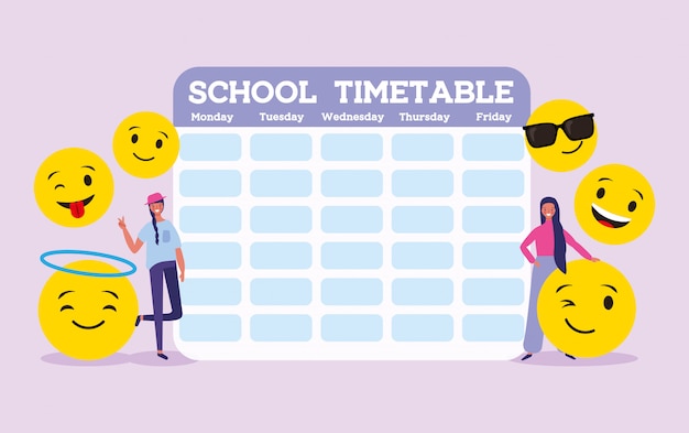 Calendário escolar com studendts e emojis