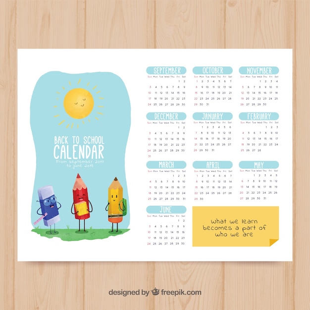 Calendário escolar divertido com estilo aquarela