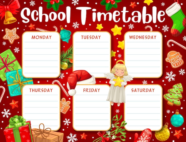 Calendário escolar ou calendário de educação do aluno em vetor de fundo de desenhos animados presentes de natal. tabela de tempo semanal, planejador e plano de estudo de aulas ou aulas para alunos da pré-escola com caixas de presentes de natal