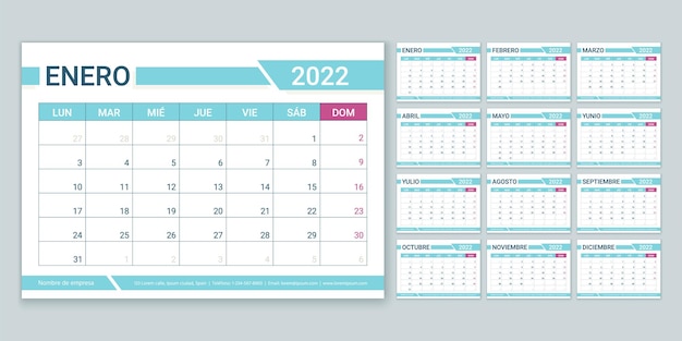 Calendário espanhol de 2022 anos. a semana começa na segunda. modelo de planejador. layout de calendário anual.