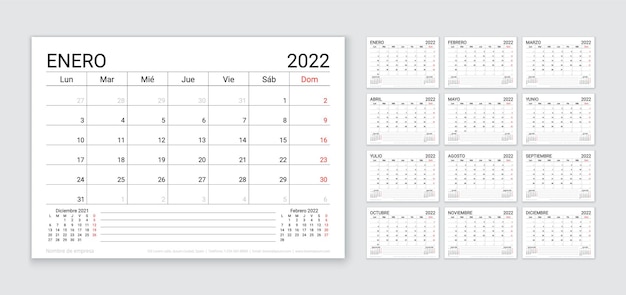 Calendário espanhol de 2022. modelo de planejador. layout de calendário de mesa com 12 meses. semana começa segunda-feira