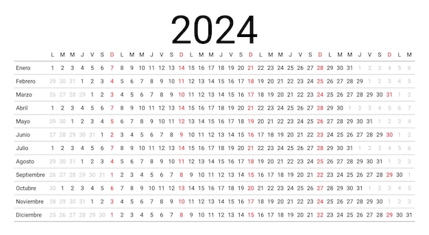 Vetor calendário espanhol de 2024 planejador linear para o ano modelo de calendário horizontal grelha de horário de tabela