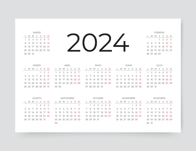 Vetor calendário espanhol para o ano 2024 modelo de grelha com ilustração vetorial de 12 meses