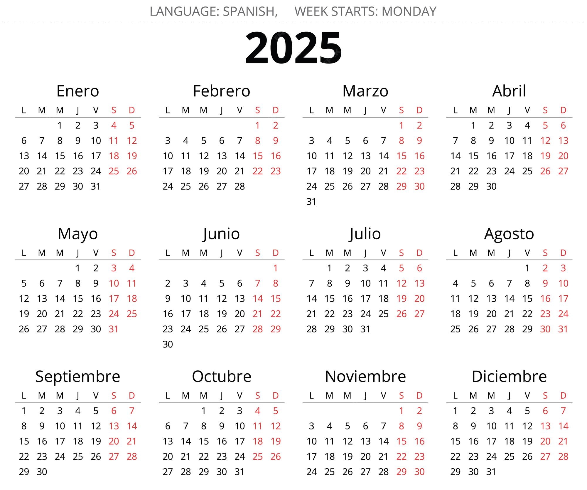 Calendário espanhol para o ano 2025 Ilustração vetorial imprimível Espanha Vetor Premium