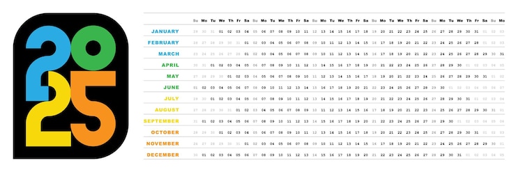 Calendário HORIZONTAL 2025 4 estações COLORES