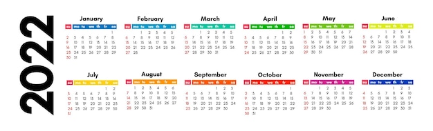 Calendário horizontal para 2022 isolado em um fundo branco. Domingo a segunda-feira, modelo de negócios. Ilustração vetorial