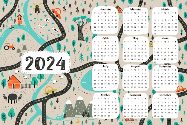 Calendário infantil de 2024 com ilustração vetorial de mapa de