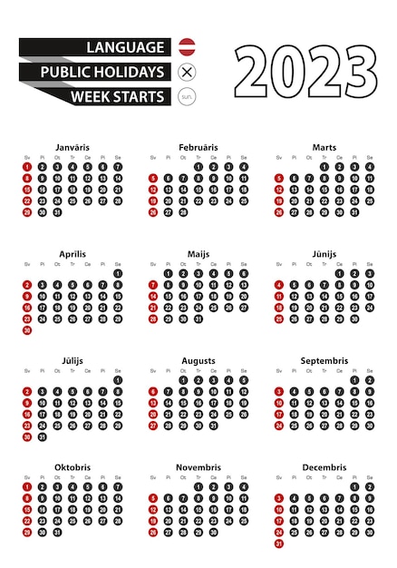 Calendário letão 2023 com números em círculos semana começa no domingo 2023 com bandeira da letônia